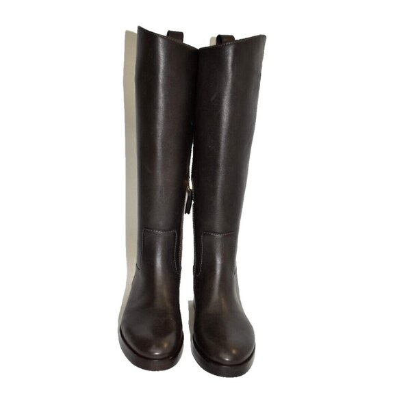New! Tory Burch The Riding Boot Logo Embossed Coconut Brown Size 6M 141232 DD387 - Picture 7 of 8